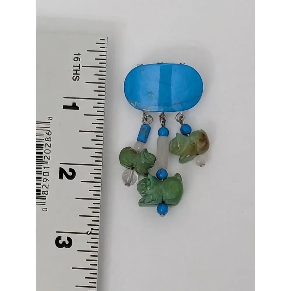 Vintage Zuni Style Carved Stone Cat Fetish Brooch Turquoise and Quartz